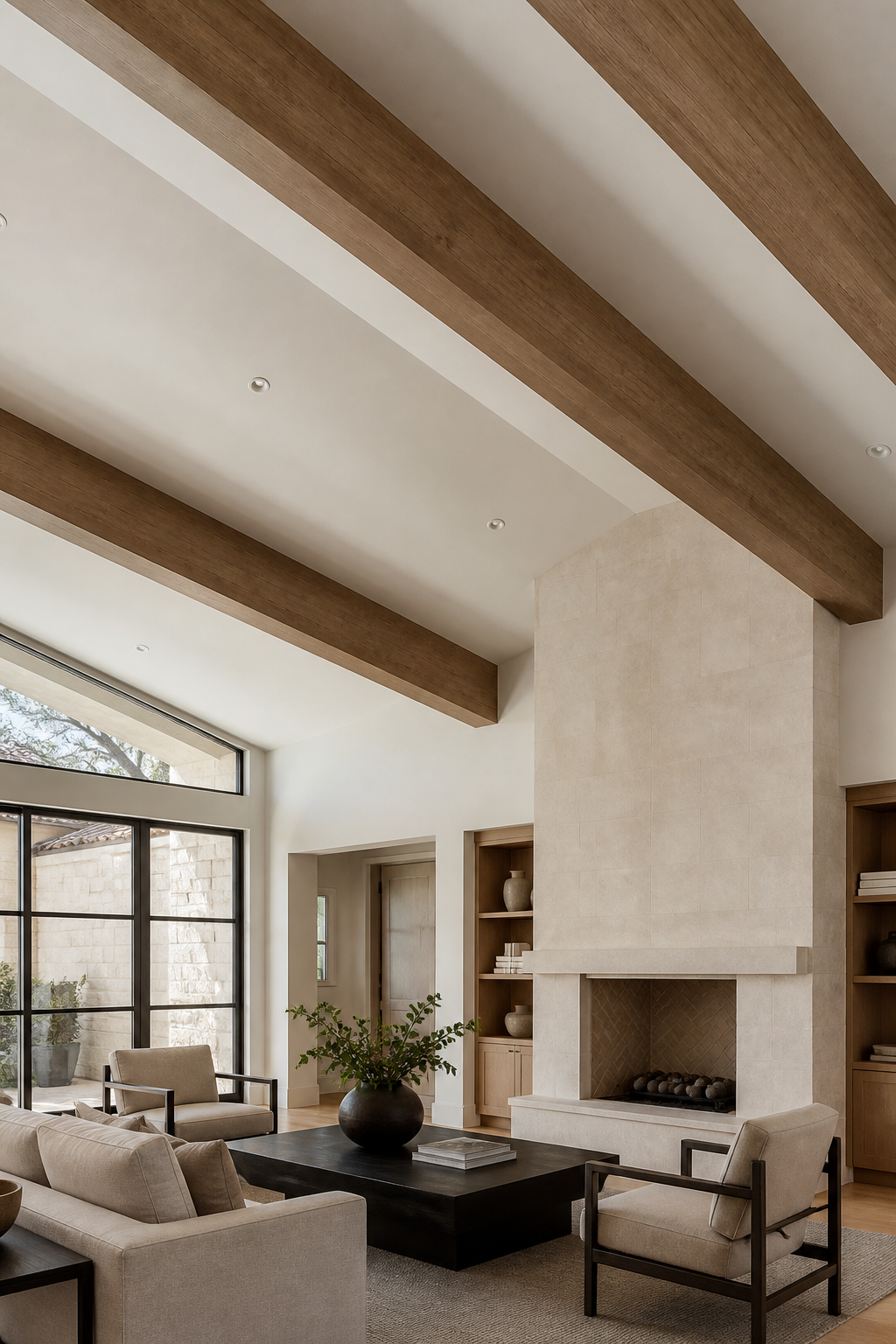 Natural oak beams crossing a warm white great room ceiling