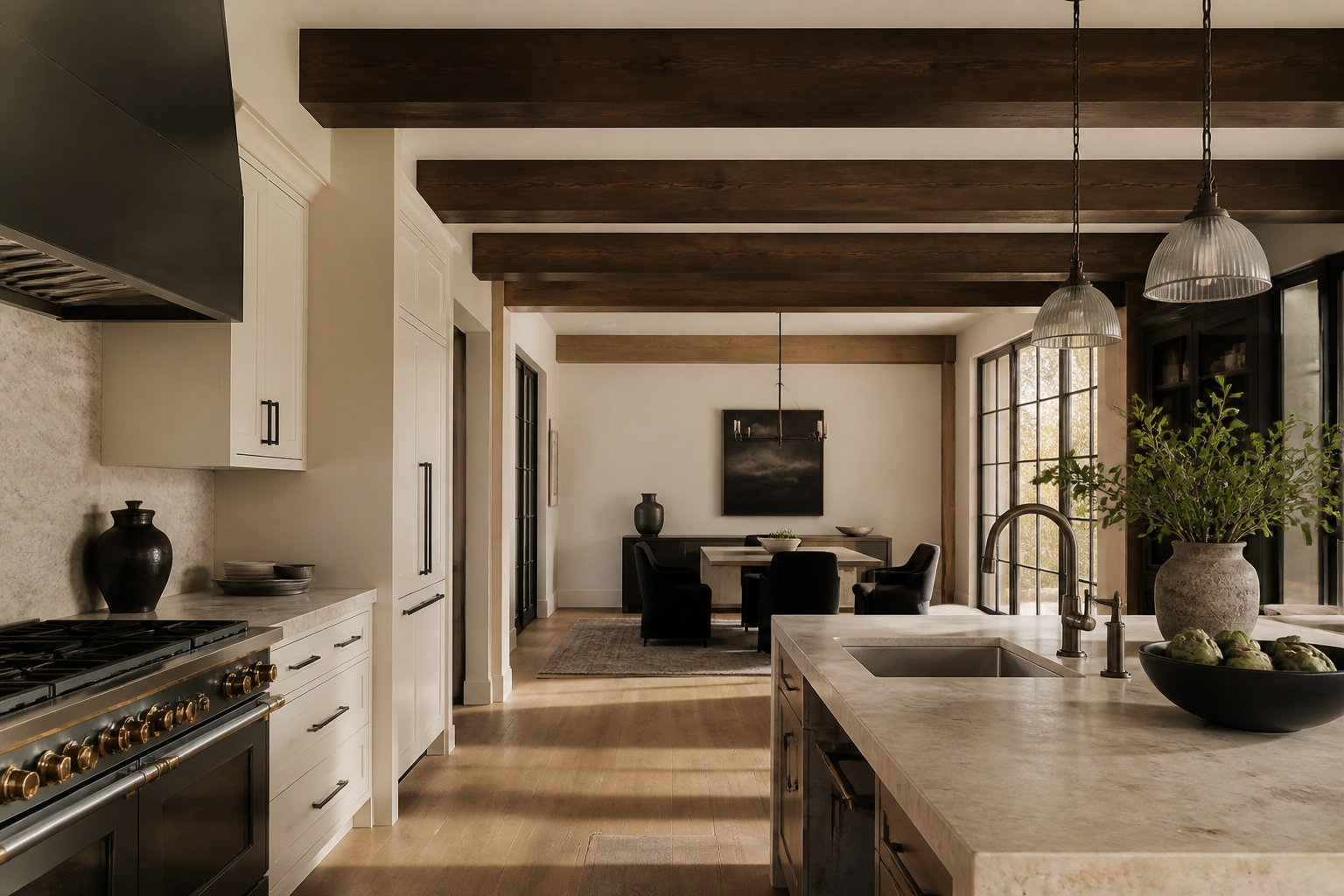 Smoked walnut beams defining an upscale kitchen and dining space