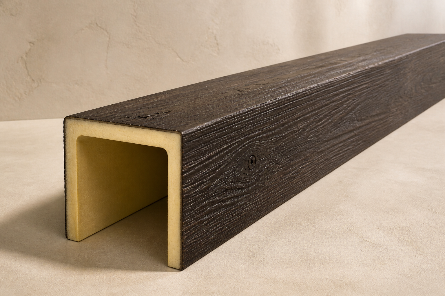 Hand-grained faux timber U-beam with a smooth pale-yellow unfinished polyurethane foam interior